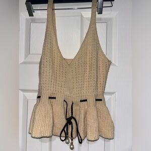 Beige Knit Peplum Tank Top w Pearl Tie • Boho Cottagecore • Size S